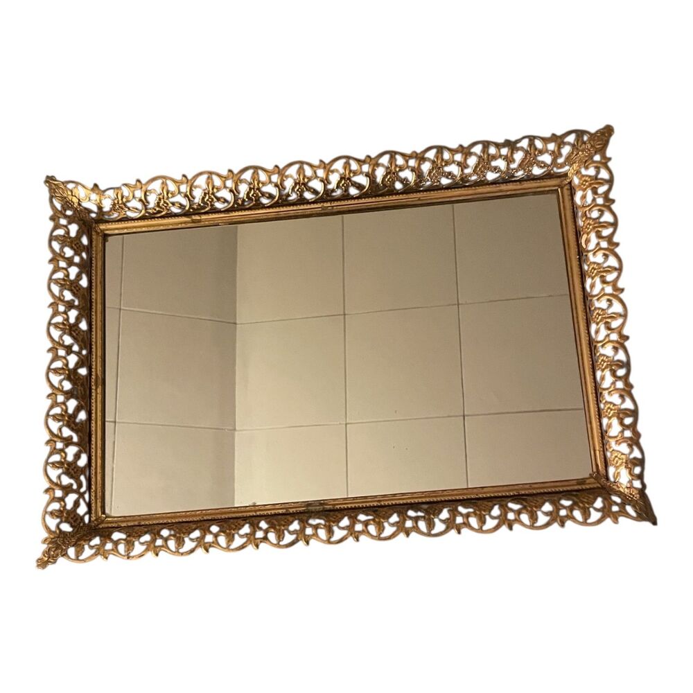 Vintage Hollywood Regency mirrored vanity tray gold gilt filigree frame ornate